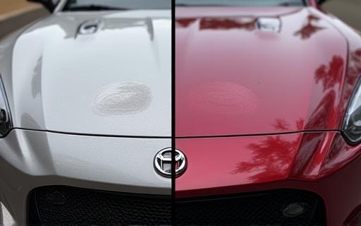 Before and after split image showing car paint correction