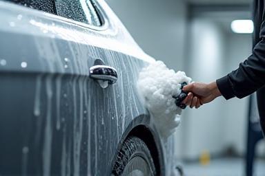 Professional washing the exterior of a car with foam