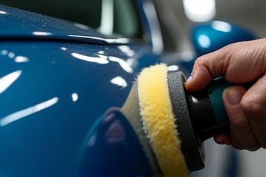 Car detailing expert polishing a car panel